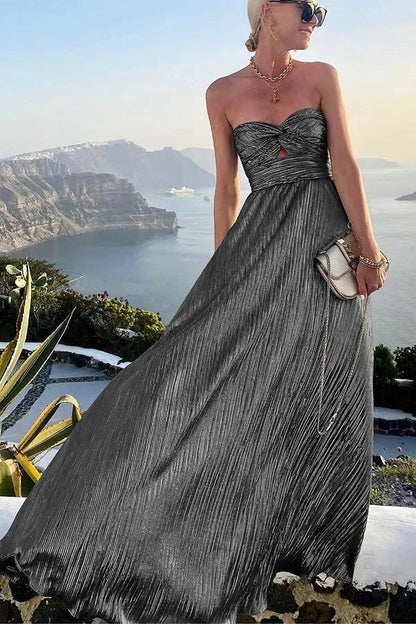 Theodora | Vestido Largo Glam Brillo Plisado Sin Tirantes Nudo Noche