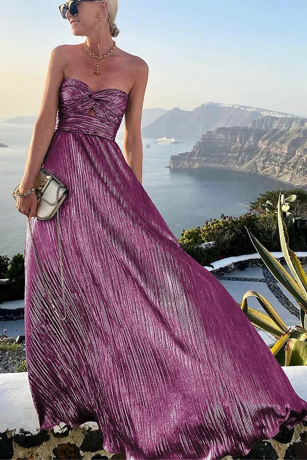 Theodora | Vestido Largo Glam Brillo Plisado Sin Tirantes Nudo Noche