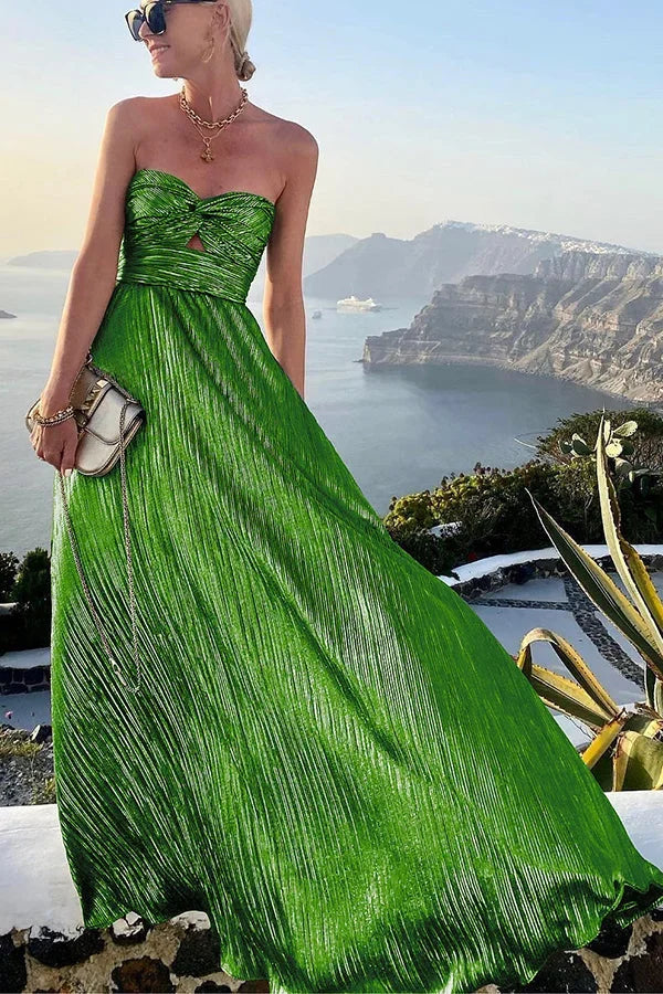 Theodora | Vestido Largo Glam Brillo Plisado Sin Tirantes Nudo Noche