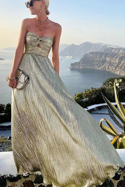 Theodora | Vestido Largo Glam Brillo Plisado Sin Tirantes Nudo Noche