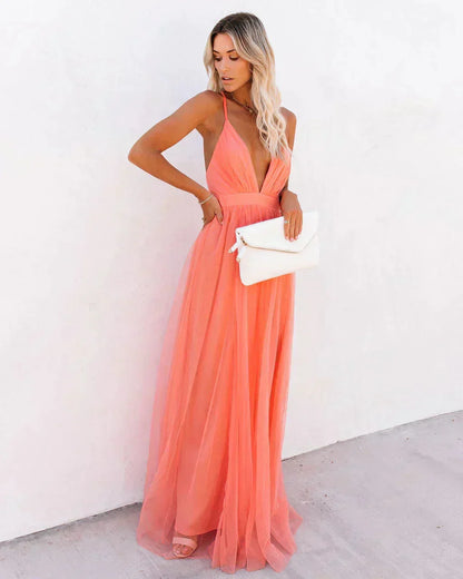 Damiana | Vestido Largo Etéreo de Tul Escote en V Espalda Descubierta Vaporoso Noche