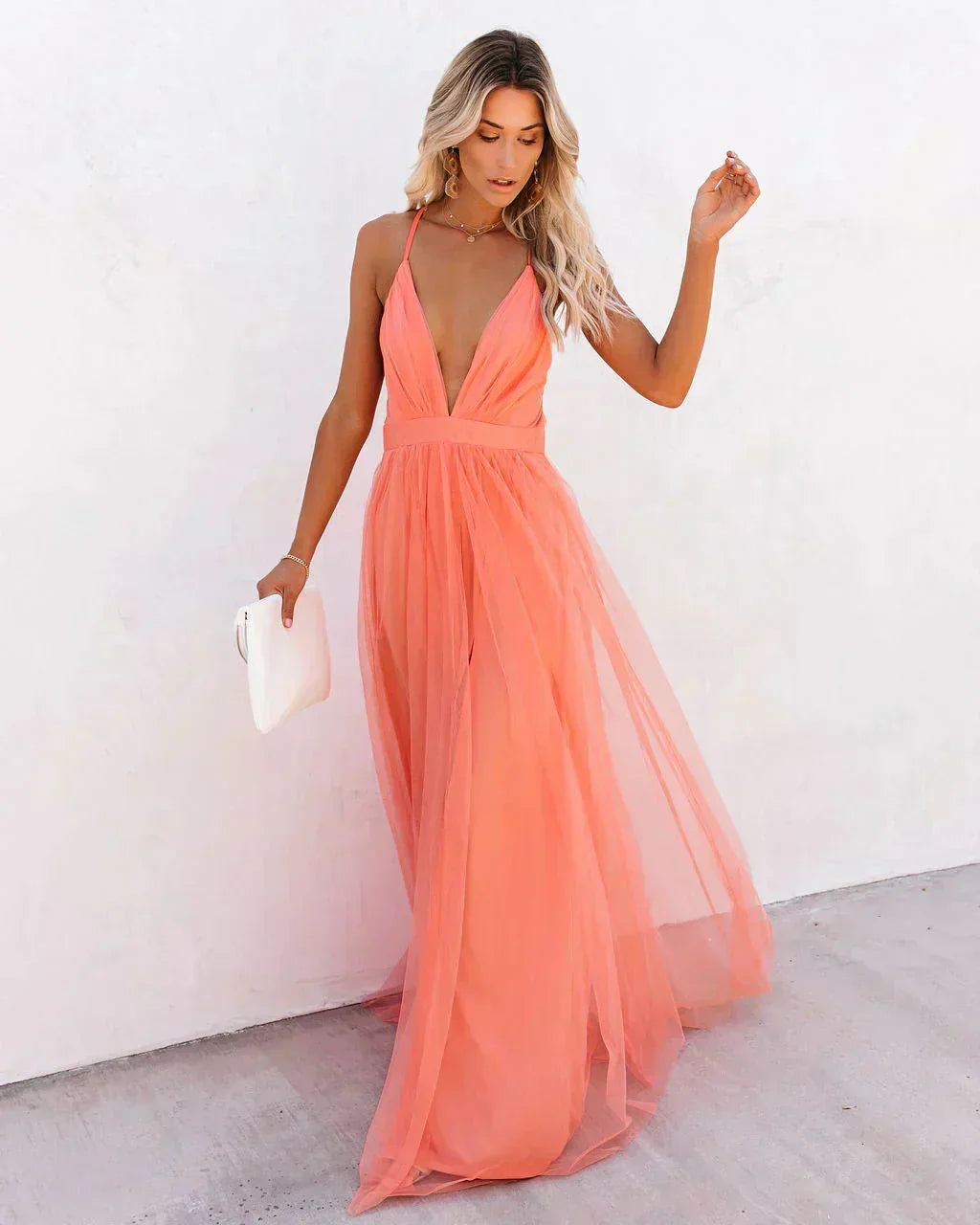 Damiana | Vestido Largo Etéreo de Tul Escote en V Espalda Descubierta Vaporoso Noche