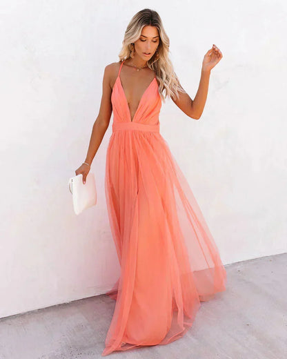 Damiana | Vestido Largo Etéreo de Tul Escote en V Espalda Descubierta Vaporoso Noche