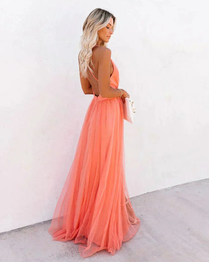Damiana | Vestido Largo Etéreo de Tul Escote en V Espalda Descubierta Vaporoso Noche