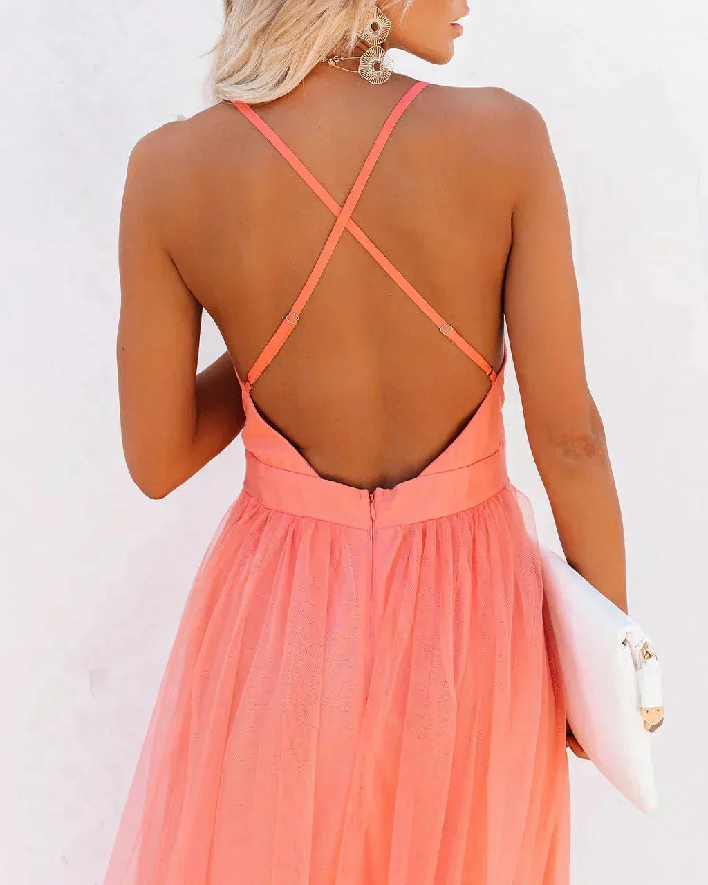 Damiana | Vestido Largo Etéreo de Tul Escote en V Espalda Descubierta Vaporoso Noche