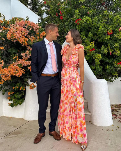 Citania | Vestido Largo Floral Sin Mangas Escote en V Romántico Verano