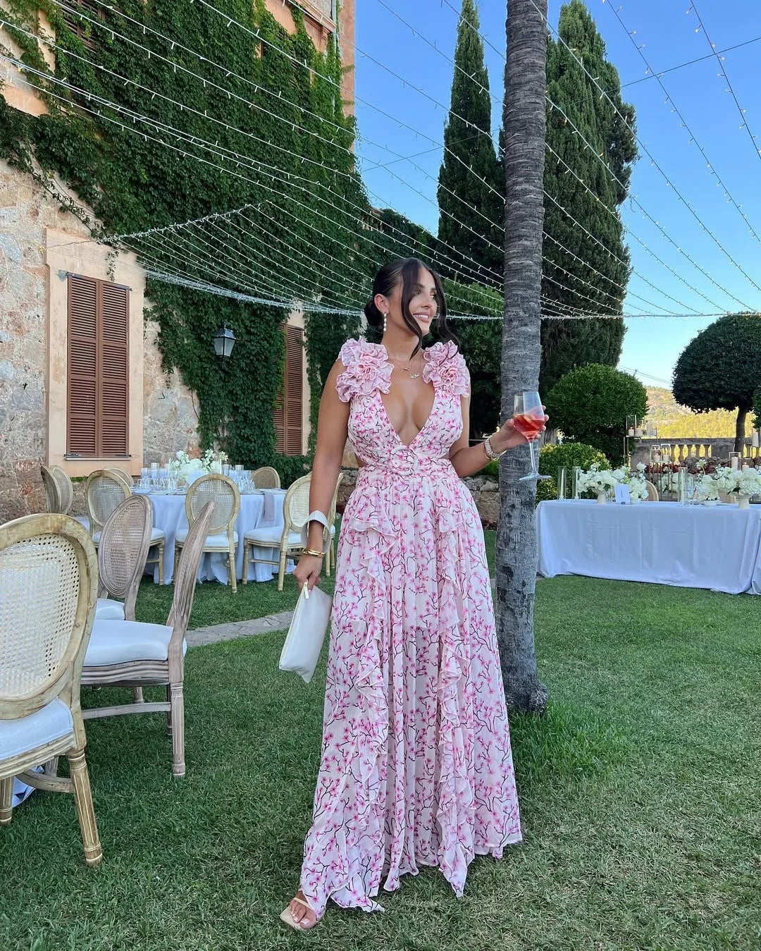 Citania | Vestido Largo Floral Sin Mangas Escote en V Romántico Verano