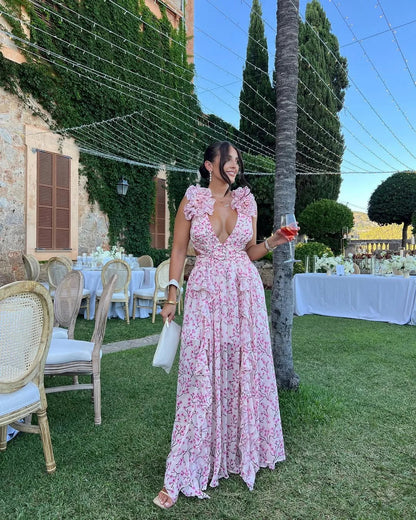 Citania | Vestido Largo Floral Sin Mangas Escote en V Romántico Verano