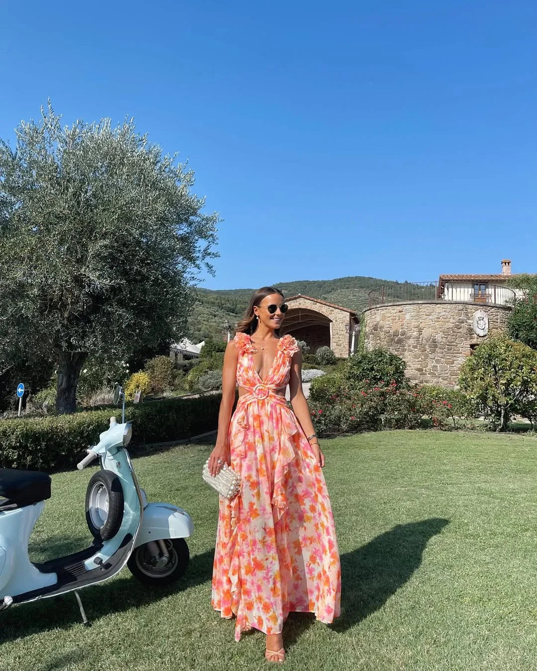 Citania | Vestido Largo Floral Sin Mangas Escote en V Romántico Verano