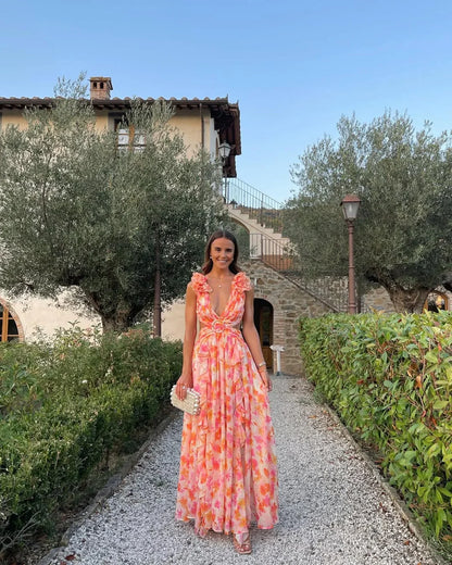 Citania | Vestido Largo Floral Sin Mangas Escote en V Romántico Verano
