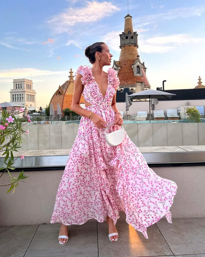 Citania | Vestido Largo Floral Sin Mangas Escote en V Romántico Verano