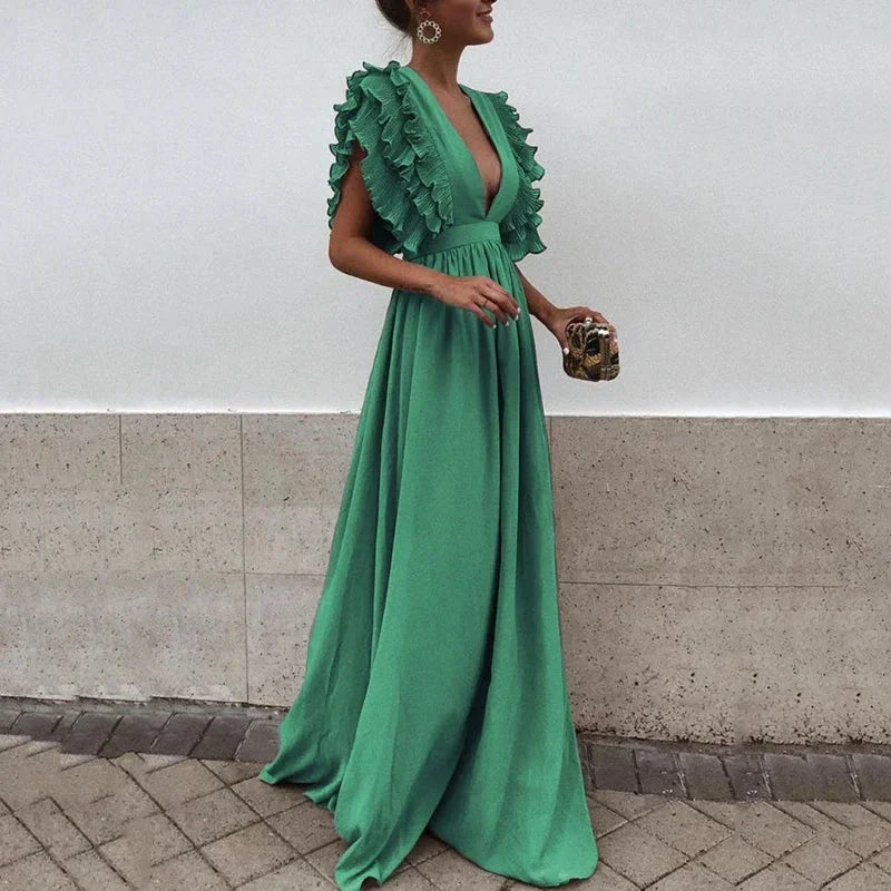 Dorelia | Vestido Largo Vaporoso de Gasa Escote en V Manga con Volante Verano
