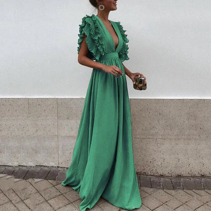 Dorelia | Vestido Largo Vaporoso de Gasa Escote en V Manga con Volante Verano
