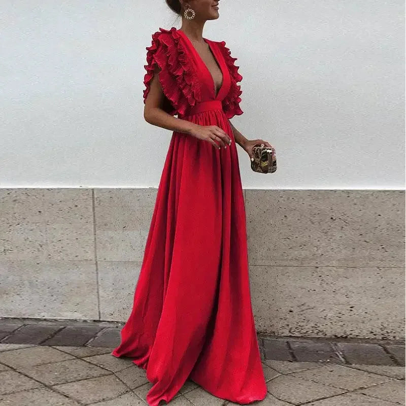 Dorelia | Vestido Largo Vaporoso de Gasa Escote en V Manga con Volante Verano