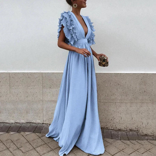Dorelia | Vestido Largo Vaporoso de Gasa Escote en V Manga con Volante Verano