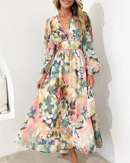 Brenta | Vestido Largo Boho de Gasa Floral Escote en V Manga Larga Primavera