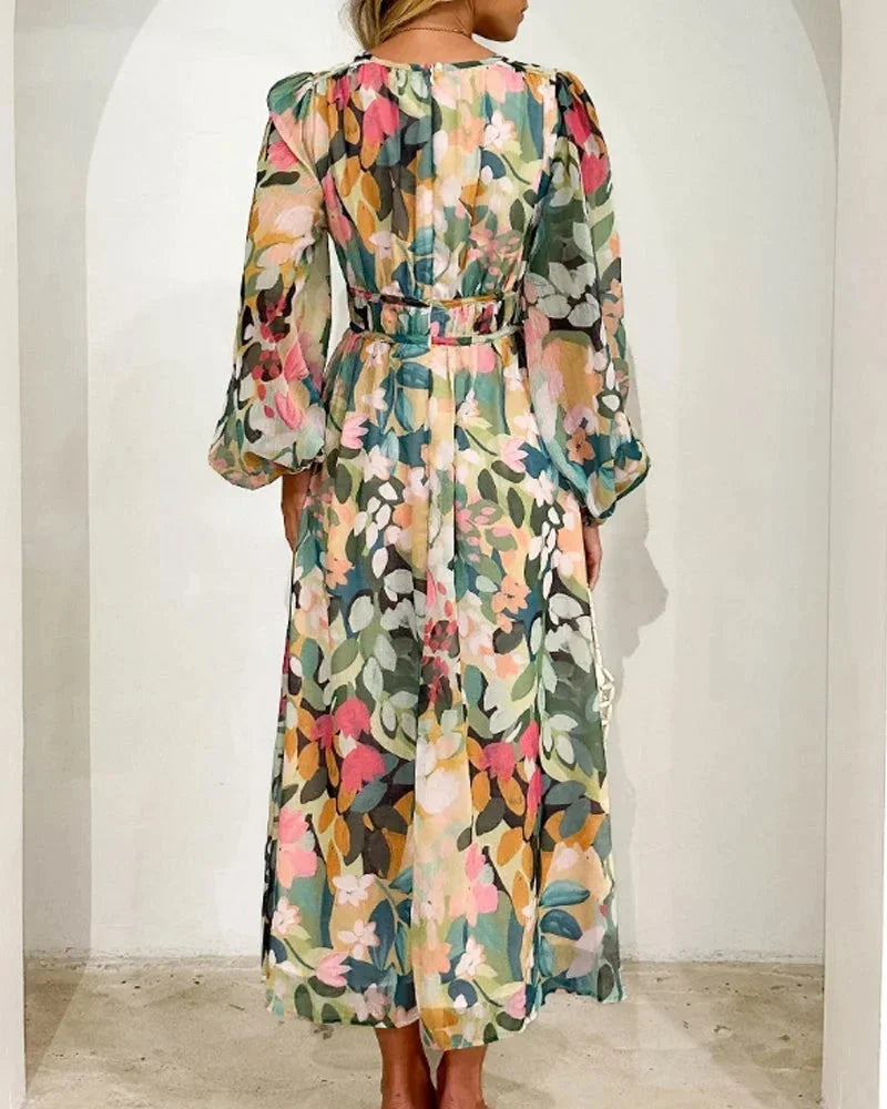 Brenta | Vestido Largo Boho de Gasa Floral Escote en V Manga Larga Primavera
