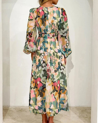 Brenta | Vestido Largo Boho de Gasa Floral Escote en V Manga Larga Primavera