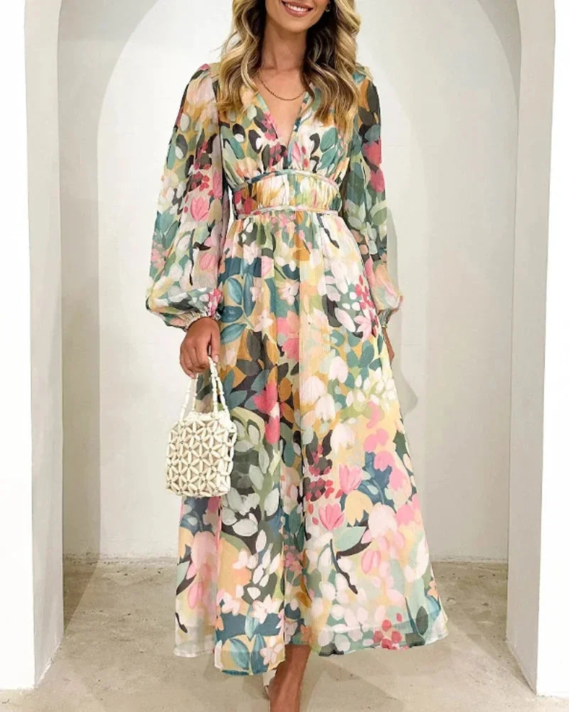 Brenta | Vestido Largo Boho de Gasa Floral Escote en V Manga Larga Primavera