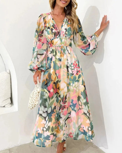 Brenta | Vestido Largo Boho de Gasa Floral Escote en V Manga Larga Primavera