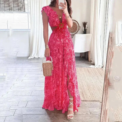 Ginevra | Vestido Largo Floral Escote en V Cut-Out Manga Corta Verano