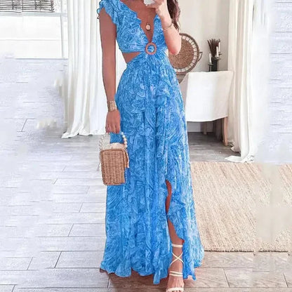 Ginevra | Vestido Largo Floral Escote en V Cut-Out Manga Corta Verano