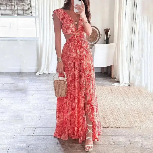 Ginevra | Vestido Largo Floral Escote en V Cut-Out Manga Corta Verano