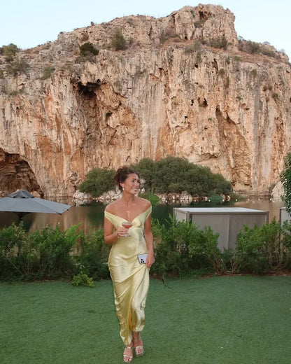 Fiammetta | Vestido Largo Elegante de Satén Hombros Descubiertos Ajustado Noche