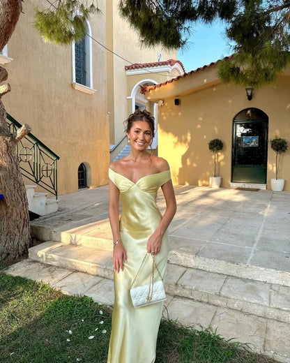 Fiammetta | Vestido Largo Elegante de Satén Hombros Descubiertos Ajustado Noche