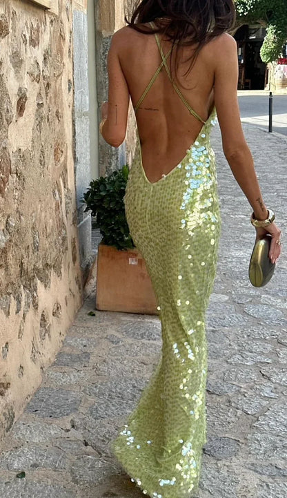 Iolana | Vestido Largo Glam con Lentejuelas Escote Redondo Tirantes Finos Espalda Descubierta Noche