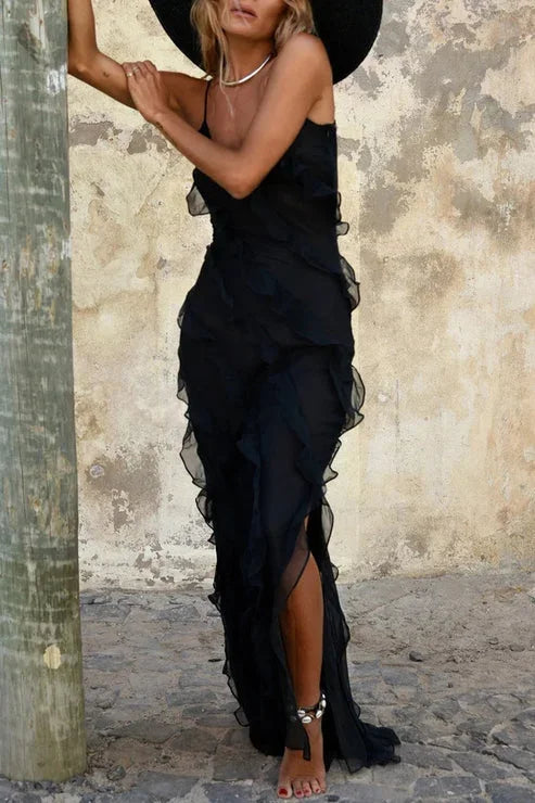 Rosalba | Vestido Largo Boho de Gasa con Volantes Escote en V Abertura Alta Verano