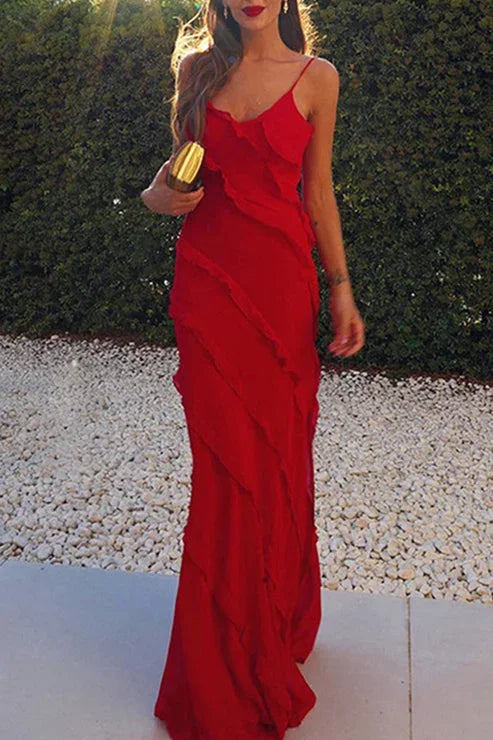Rosalba | Vestido Largo Boho de Gasa con Volantes Escote en V Abertura Alta Verano