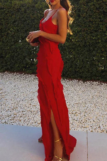 Rosalba | Vestido Largo Boho de Gasa con Volantes Escote en V Abertura Alta Verano