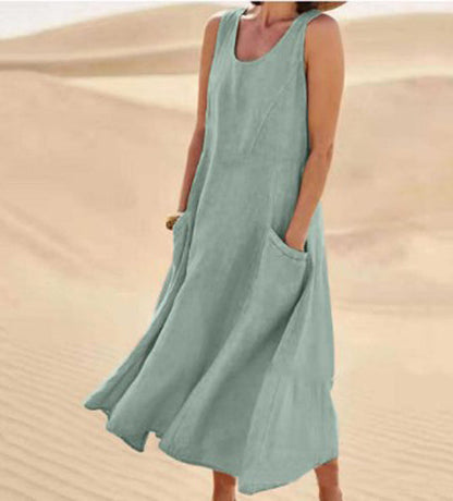 Melisande | Vestido Largo de Lino con Cuello Redondo – Vaporoso y Elegante