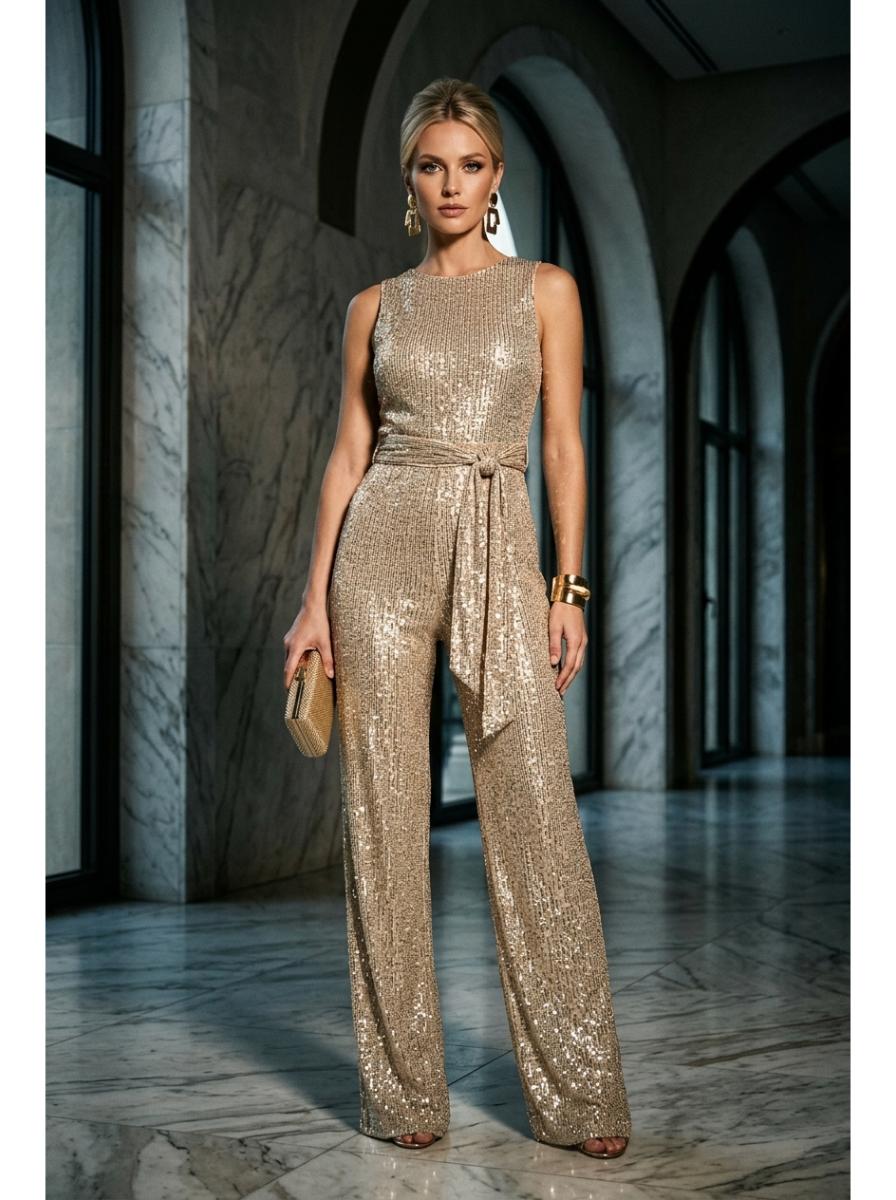 Elegant Gold Sequin Jumpsuit - Editorial Fashion