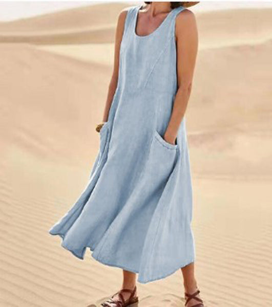 Melisande | Vestido Largo de Lino con Cuello Redondo – Vaporoso y Elegante