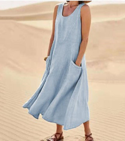 Melisande | Vestido Largo de Lino con Cuello Redondo – Vaporoso y Elegante