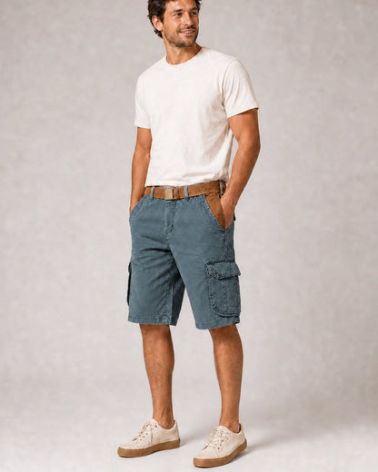 Momount Men Cargo Shorts – Washed Cotton Belted Vintage Distressed Knee Length — Blue — color variant primary — uomo-pantaloncini-cargo-cotone-lavato-cintura-vintage-anticato-lunghezza-blue-12-variant.webp