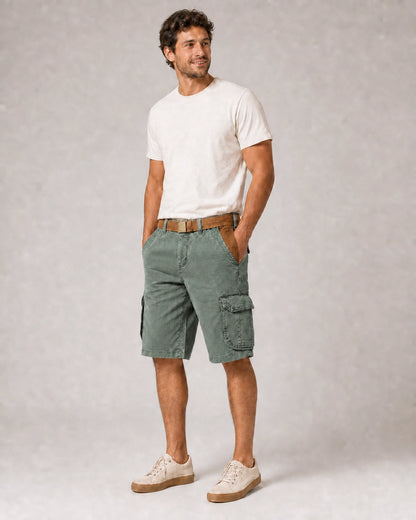 Momount Men Cargo Shorts – Washed Cotton Belted Vintage Distressed Knee Length — Green — color variant primary — uomo-pantaloncini-cargo-cotone-lavato-cintura-vintage-anticato-lunghezza-green-11-variant.webp