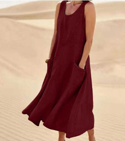 Melisande | Vestido Largo de Lino con Cuello Redondo – Vaporoso y Elegante