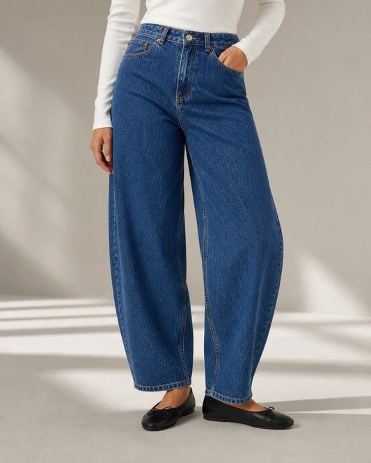 Vaqueros barrel de mujer de tiro alto azul medio — image