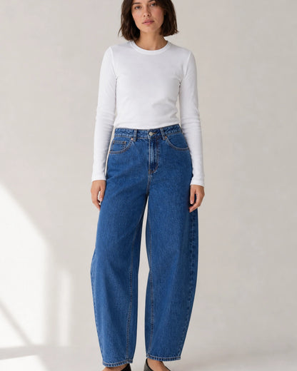 Vaqueros barrel de mujer de tiro alto azul medio — image
