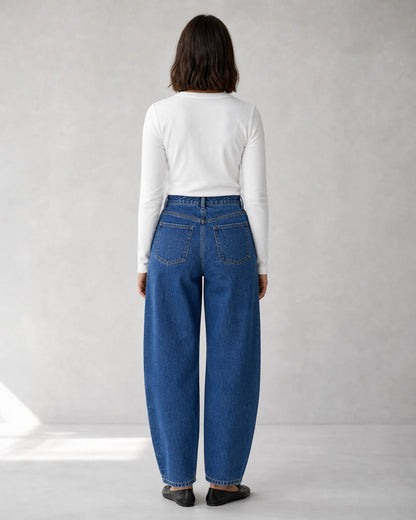 Vaqueros barrel de mujer de tiro alto azul medio — image