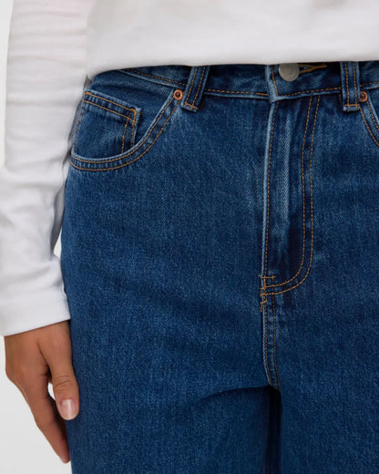 Vaqueros barrel de mujer de tiro alto azul medio — image