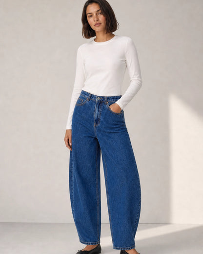 Vaqueros barrel de mujer de tiro alto azul medio — image